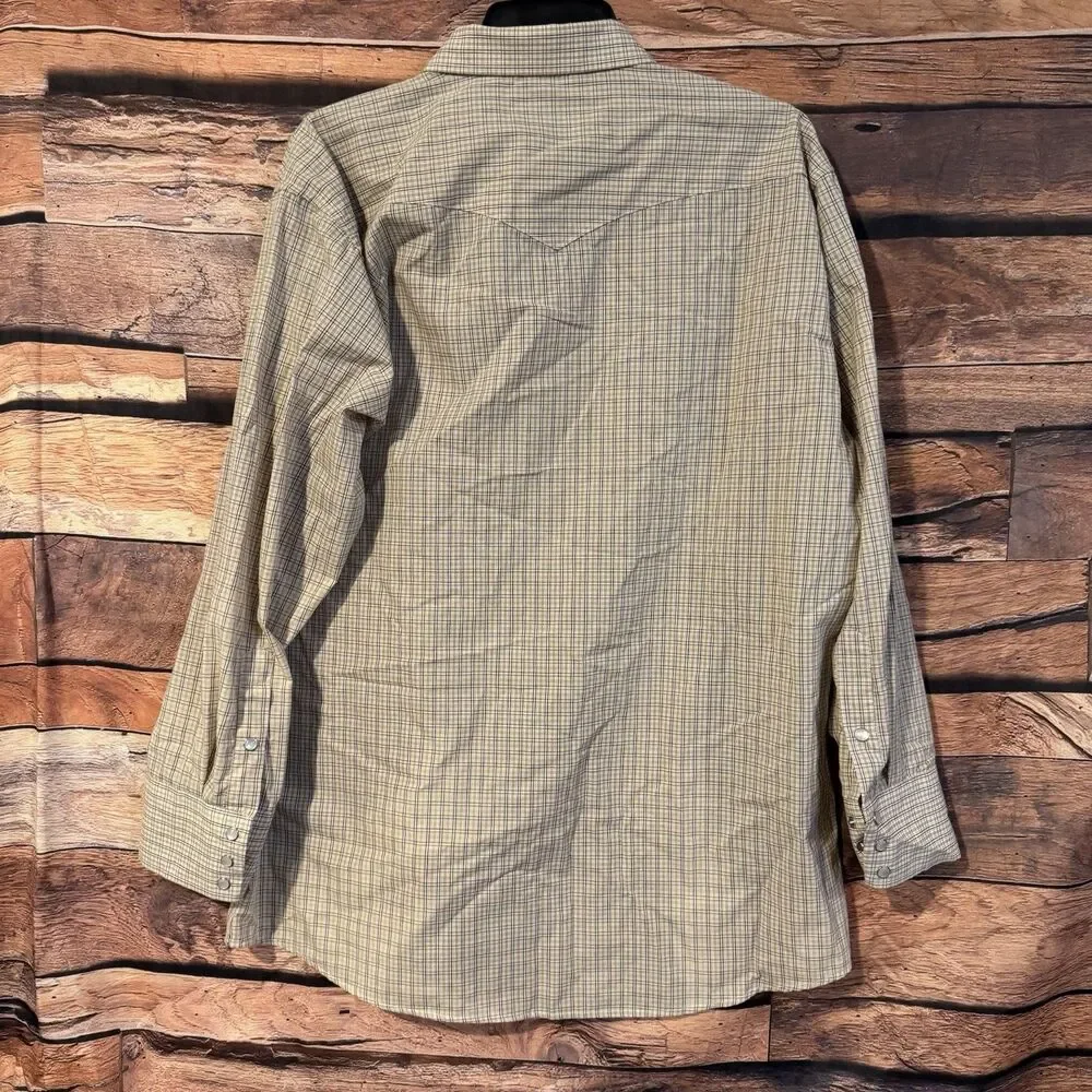 Panhandle Slim Shirt Mens Large 16.5 Pearl Snap Western Plaid Tan Brown Blend
